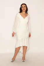 Kadın Kemik Göğüs Drapeli Kolları Şifon Eteği Volanlı Astarlı Abiye Elbise 85N7316