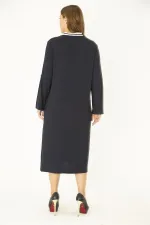 Kadın Büyük Beden Lacivert Ribana Detaylı V Yakalı Kol Boy Ayarlı Cepli Elbise 65N36829