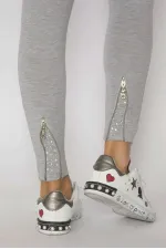 LEGGINGS GRIS POUR FEMME AVEC DÉTAILS EN PIERRE ET FERMETURE ÉCLAIR