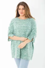 Kadın Büyük Beden Yeşil Kolları Süs Metal Düğmeli Kırçıllı Kalın Tunik 65N37403