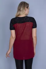 Kadın Bordo Roba Dantel Detaylı Düşük Kollu Bluz 65N25838