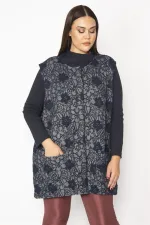 Kadın Lacivert Jakar Desenli Ön Çıtçıt Düğmeli Cepli Yelek 65N29626