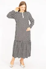 Kadın Siyah Dokuma Viskon Kumaş Etek Ucu Katlı Uzun Kollu Elbise 65N35513