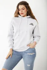 Women's Plus Size Gray Three-Thread Hooded Sweatshirt with Raised Inside 65N37199