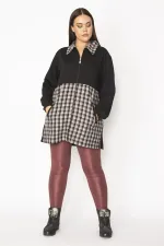 Kadın Bej Ekose Desen Detaylı Fermuarlı Cepli Mont 65N29569