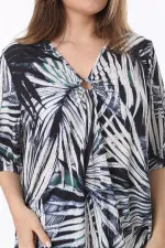 Kadın Büyük Beden Renkli Göğsü Toka Büzgülü V Yakalı Kısa Kollu Tunik 65N37796