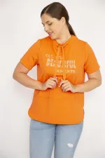 Kadın Oranj Büyük Beden Yakası Kuşgözü Bağcık Ve Taş Detaylı Sweatshirt