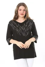 Kadın Büyük Beden Siyah Taş Detaylı Bluz     65N37976
