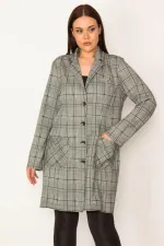 KADIN GRİ EKOSE DESENLİ ASTARSIZ ÖN DÜĞMELİ CEPLİ UZUN CEKET