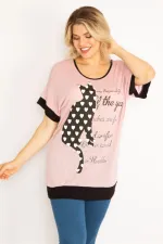 Kadın Pembe Kedi Figürlü Taş Ve Baskı Detaylı Düşük Kollu Tunik 65N34634