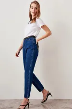 Kadın Mavi , Deri Detaylı , Yüksek Bel Kot Pantolon