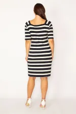 Kadın Lacivert Kare Yaka Çizgili Elbise 65N34177