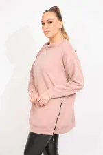 Kadın Pudra Büyük Beden Yakası Kuşgözü Ve Yan Fermuar Yırtmaçlı Sweatshirt 65N35611