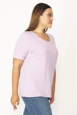 Kadın Lila Pamuklu Kumaş V Yakalı Kısa Kollu Bluz 65N29546