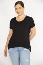 Kadın Siyah Büyük Beden Bisiklet Yakalı Kısa Kollu Arkası Uzun Bluz