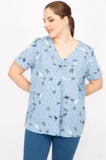 Kadın Mavi Büyük Beden Pamuklu Kumaş Göğüs Büzgülü Bluz