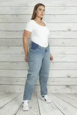 Kadın Mavi Bel Kısmı Lastik Detaylı Kot Pantolon 65N19884