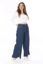 Kadın Büyük Beden Lacivert Yıkama Efektli Kup Ve Yırtmaç Detaylı Kot Pantolon 65N38077