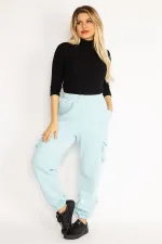 Kadın Mavi İçi Şardonlu 3 İplik Kargo Cepli Eşofman Alt 65N35097