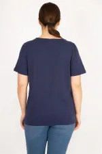 Kadın Lacivert Büyük Beden Pamuklu Kumaş Yaka Dantelli Bluz