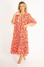 Kadın Kırmızı Dokuma Viskon Kumaş Volan Kollu Etek Ucu Katlı Elbise 65N34435