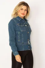 Kadın Lacivert Bel Bağcık Detaylı Etek Ucu Pis Dikişli Likralı Kot Mont 65N34312