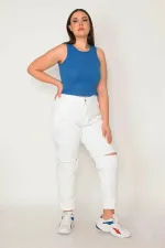 Kadın Büyük Beden Beyaz Yırtık Detaylı Likrasız Kot Pantolon 65N36836