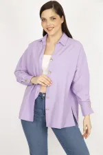 Kadın Lila Büyük Beden Metal Düğmeli Manşetli Gömlek