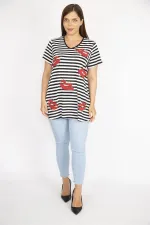 Kadın Siyah Büyük Beden Taş Detaylı V Yakalı Çizgili Bluz