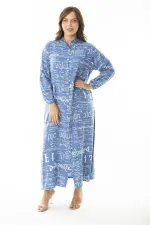 Kadın Büyük Beden Mavi Dokuma Viskon Kumaş Ön Boy Düğmeli Uzun Kollu Elbise 65N36872