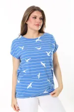 Kadın Büyük Beden Mavi Pamuk Kumaş Etek Ucu Lastikli Düşük Kollu Bluz 65N37896