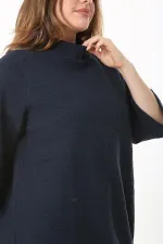 Kadın Büyük Beden Lacivert Dik Yakalı Kendinden Desenli Kapri Kollu Tunik Elbise 65N37518