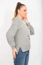 Kadın Gri İnci Ve Baskı Detaylı Yumoş Kumaş Bluz 65N35497