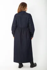 Women's Navy Blue Hidden Placket Metal Button Denim Dress 65N37375