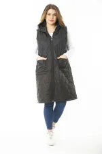 Kadın Büyük Beden Haki Ön Dermuarlı Kapşonlu Kapitone Astarlı Uzun Mont 65N37107