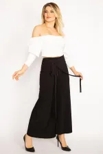 Kadın Lacivert Likralı Sandy Kumaş Geniş Paça Kuşaklı Pantolon 65N34288