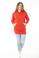 Women's Plus Size Red Double-Thread Hooded Sweatshirt with Raised Inside 65N37160
