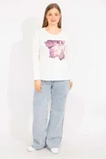 Kadın Kemik Büyük Beden Pamuklu Kumaş Kapri Kol Baskılı Bluz 65N35563