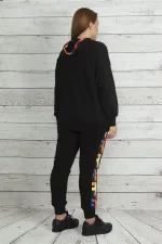 Kadın Saks Kapşonlu Fermuar Ve Baskı Detaylı Kuşgözlü Sweatshirt Pantolon Takım 65N19562