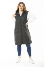 Kadın Büyük Beden Haki Ön Dermuarlı Kapşonlu Kapitone Astarlı Uzun Mont 65N37107