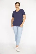 Kadın Lacivert Büyük Beden Kendinden Çizgili Kısa Kollu Bluz