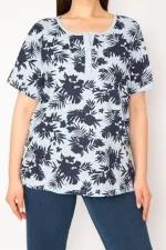 KADIN MAVİ PAMUKLU KUMAŞ NERVÜR DİKİŞLİ PATI DÜĞMELİ BLUZ