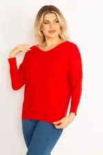 Kadın Kırmızı V Yakalı Yarasa Kol Bluz 65N34684