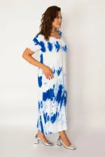 Kadın Saks Batik Desen V Yaka Cepli Elbise 65N33979