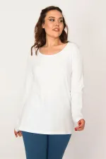 Kadın Beyaz Pamuklu Kumaş Bisiklet Yaka Uzun Kollu Bluz 65N33424