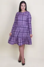 Kadın Lila Ekose Desenli Bel Kısmı Lastikli Etek Ucu Volanlı Elbise 65N18211