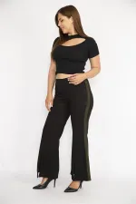 Kadın Siyah Büyük Beden Yırtmaç Detaylı Geniş Paçalı Yan Şeritli Eşofman Alt