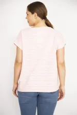 Kadın Pembe Büyük Beden Pamuk Kumaş Kendinden Desenli Düşük Kol Bluz