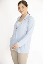 Kadın Mavi Tek Düğmeli Astarsız Cepli Hırka