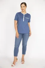 Kadın Mavi Büyük Beden Ön Pat Düğmeli Peto Cepli Kısa Kol Bluz